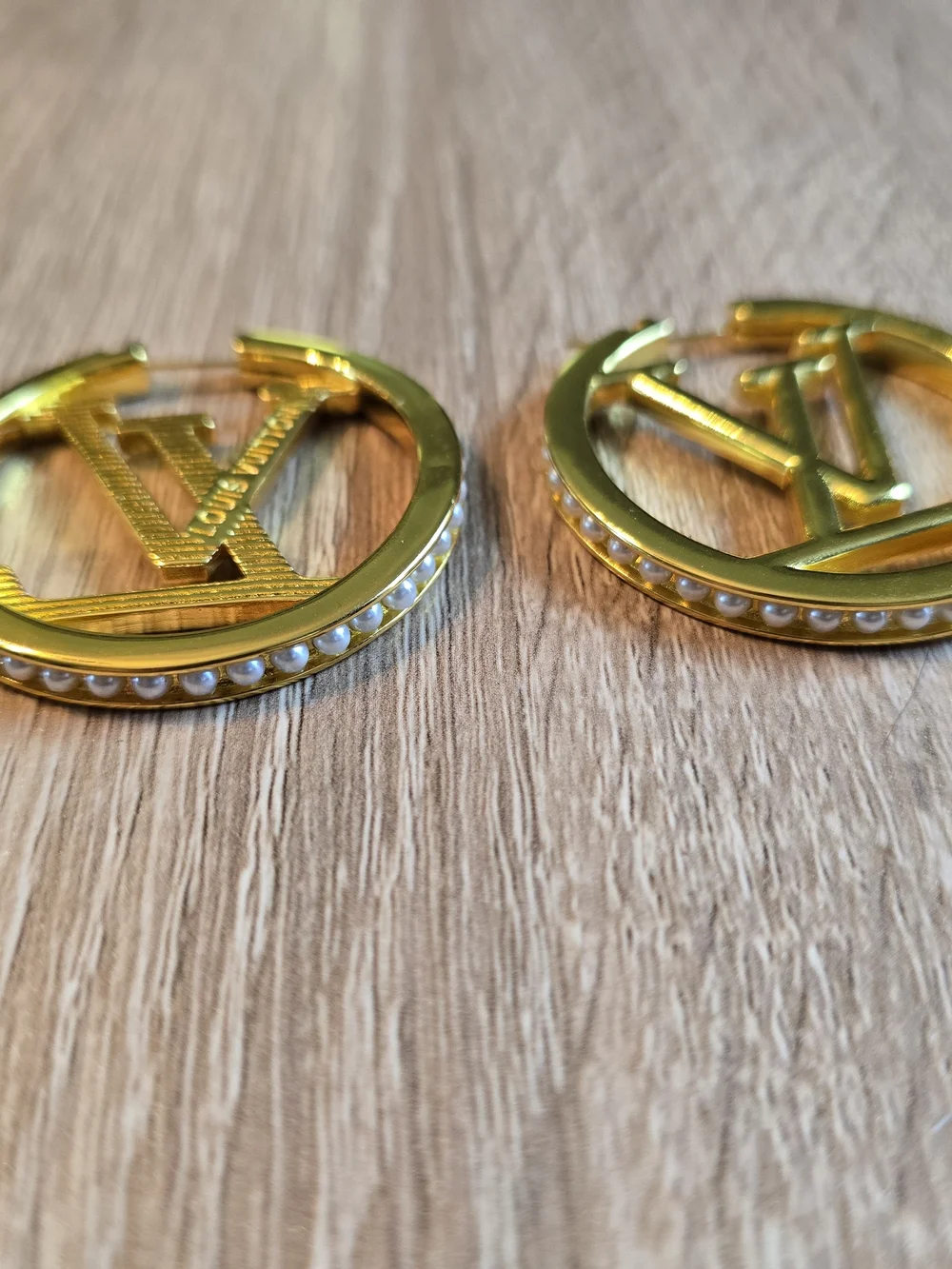 Gold Large Logo Hoop Earrings with Pearl Accent - Designer Style - Picture 5 of 10